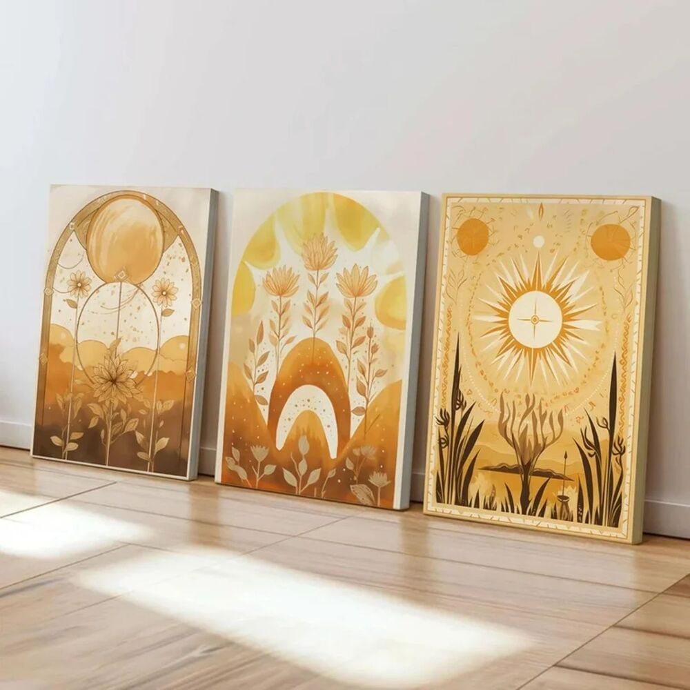 3Pcs Orange Boho Canvas Wall Art Yellow Orange Sun Wall Decor - Picture 2 of 3